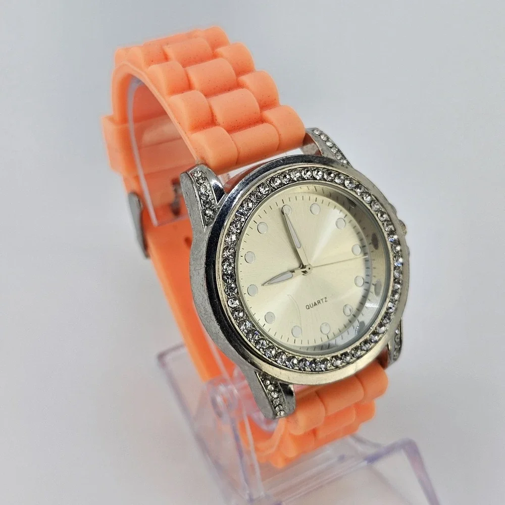 Women Analog Watch 41MM Gray Dial Crystal Bezel Orange Plastic Bands NEW Battery